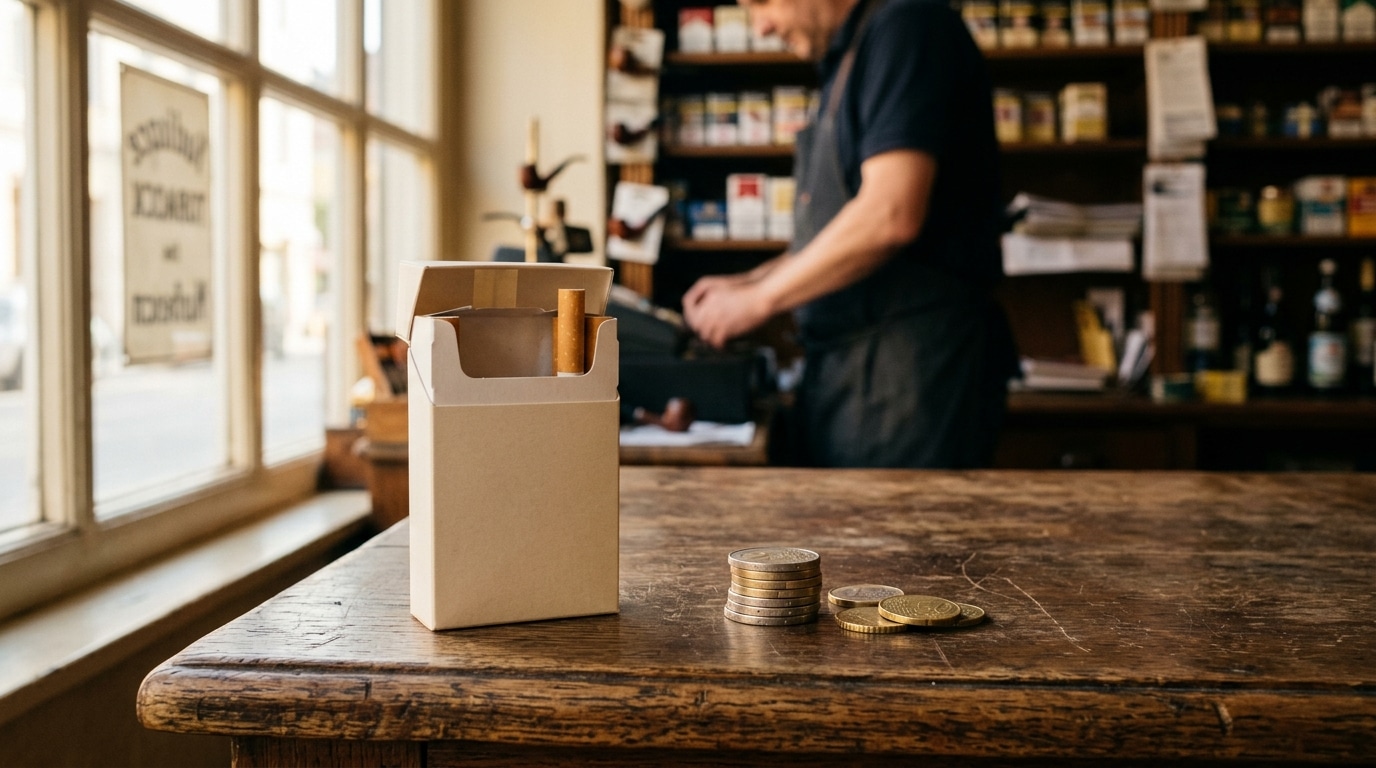 Main posant des pièces près d'un paquet de tabac