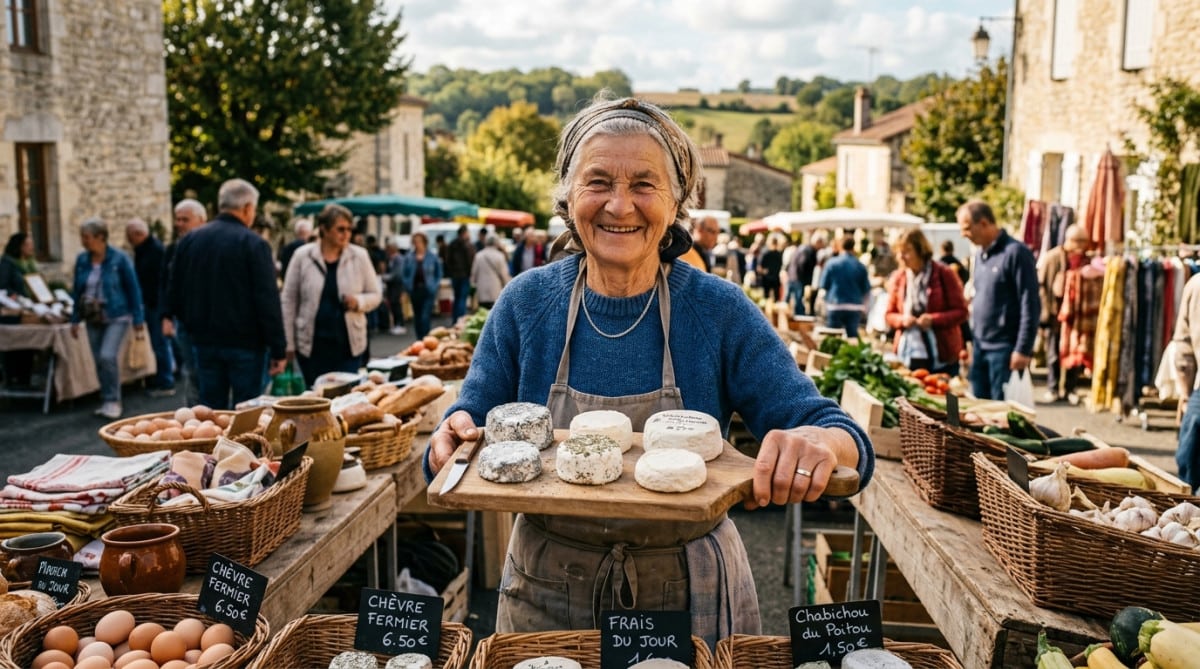 Productrice de fromage de chèvre sur un marché du Poitou