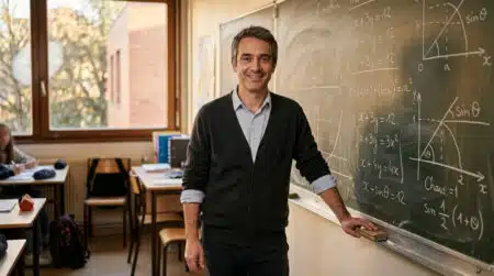 Professeur de collège souriant devant un tableau