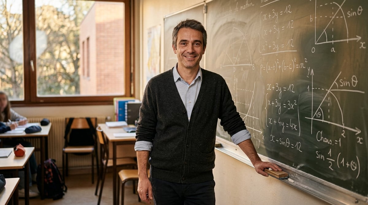 Professeur de collège souriant devant un tableau