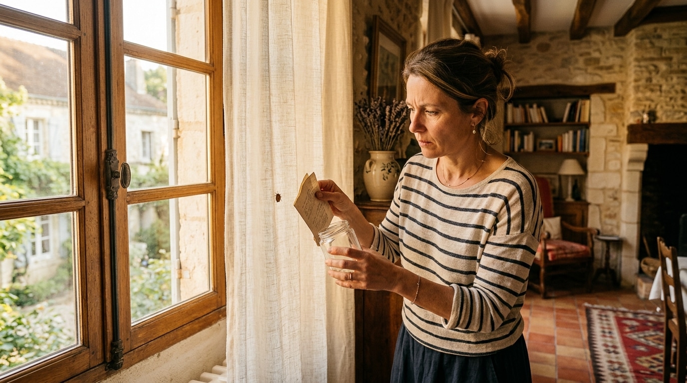 Femme capturant une punaise avec un verre et du papier