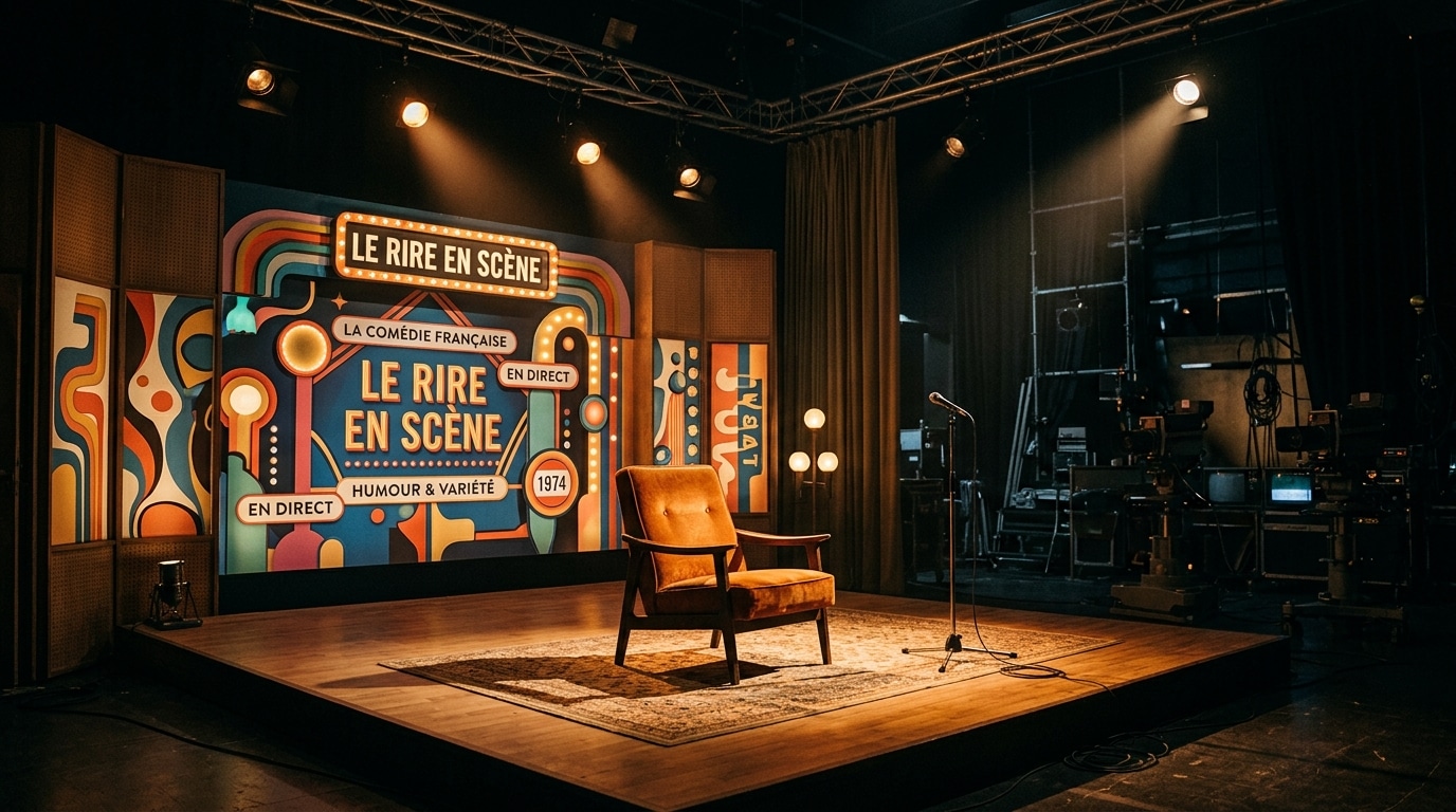 Plateau télé vide avec fauteuil de présentateur sous un projecteur