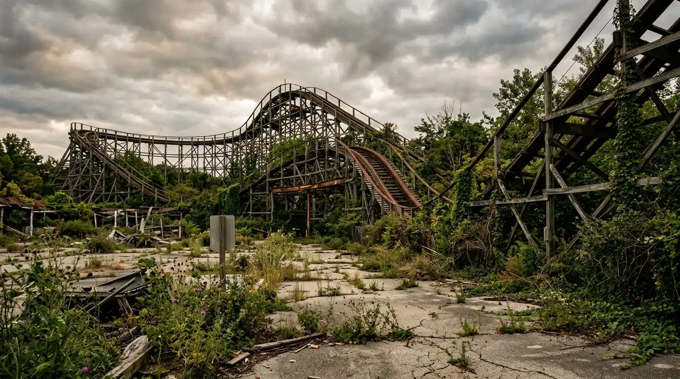 Portrait d'un homme pensif devant une attraction rouillée
