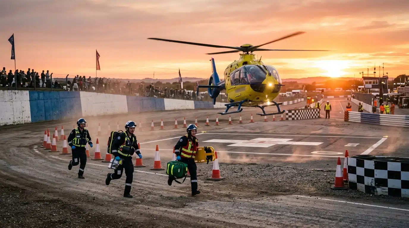 Hélicoptère du Samu se posant sur le circuit de Lohéac