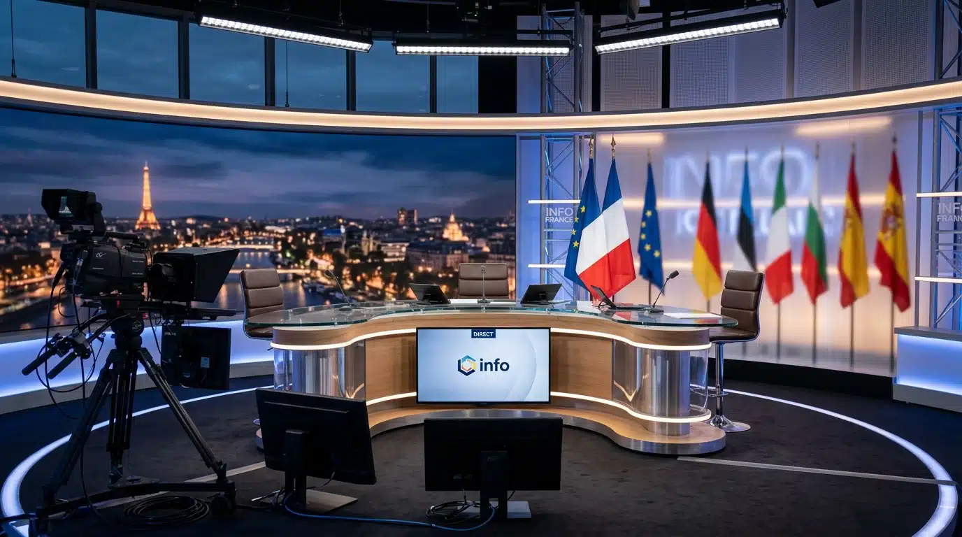 Plateau de journal télévisé vide avant une émission