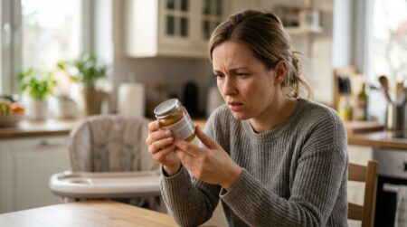 Mère inquiète lisant l'étiquette d'un plat pour bébé