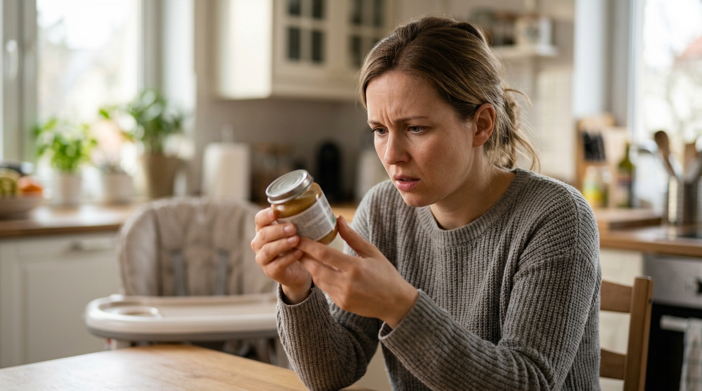 Mère inquiète lisant l'étiquette d'un plat pour bébé