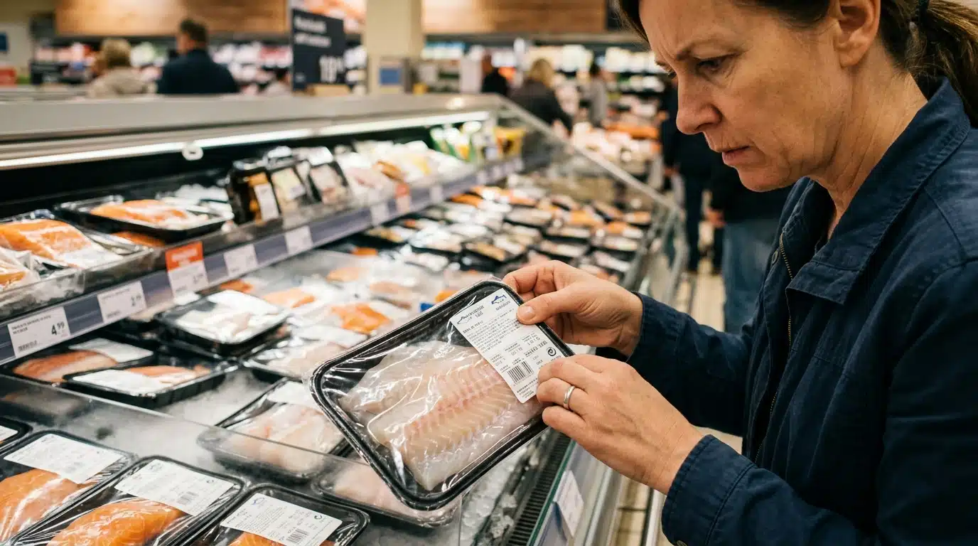 Rayon poissonnerie de supermarché avec filets de maquereaux