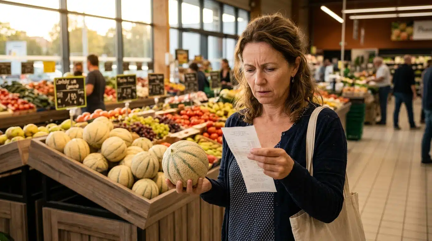 Femme vérifiant un ticket de caisse avec un melon Carrefour