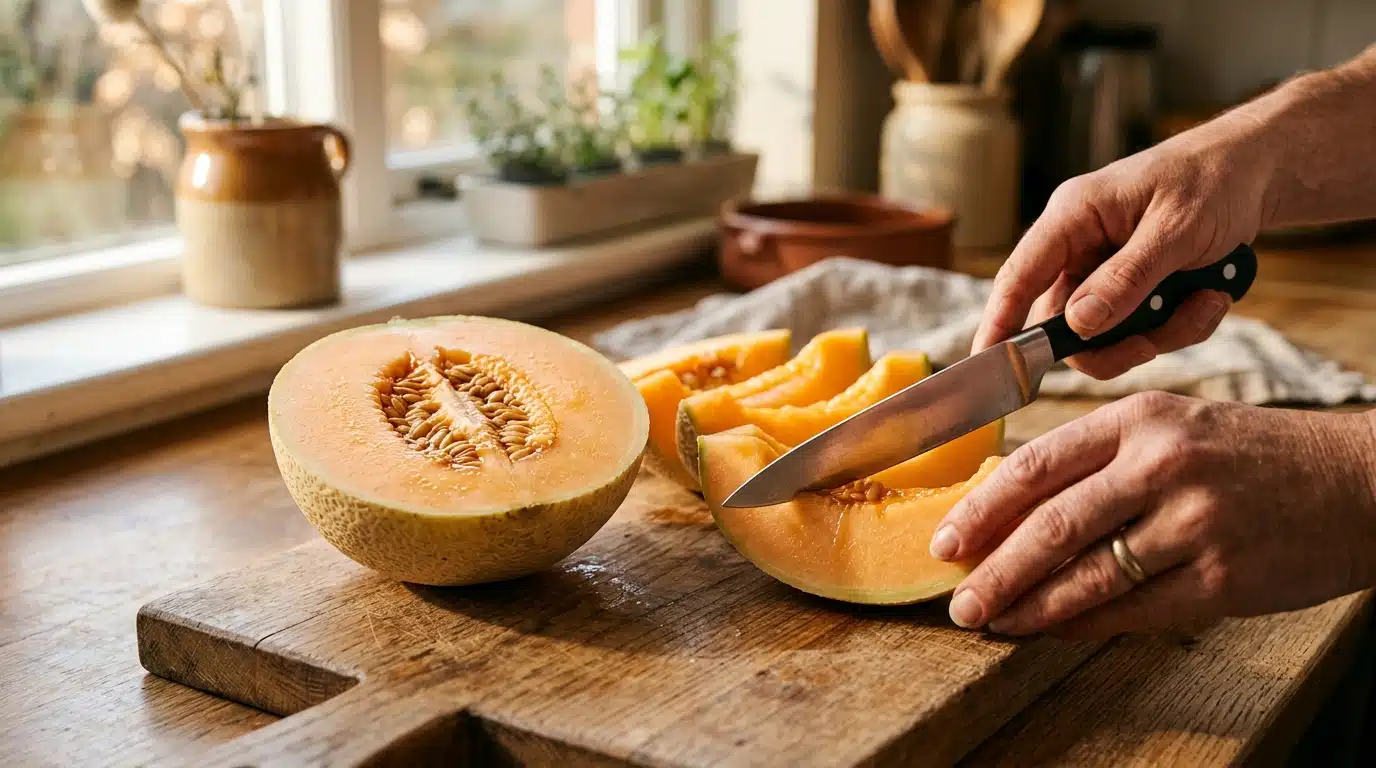 Melon tranché sur une planche de cuisine ensoleillée