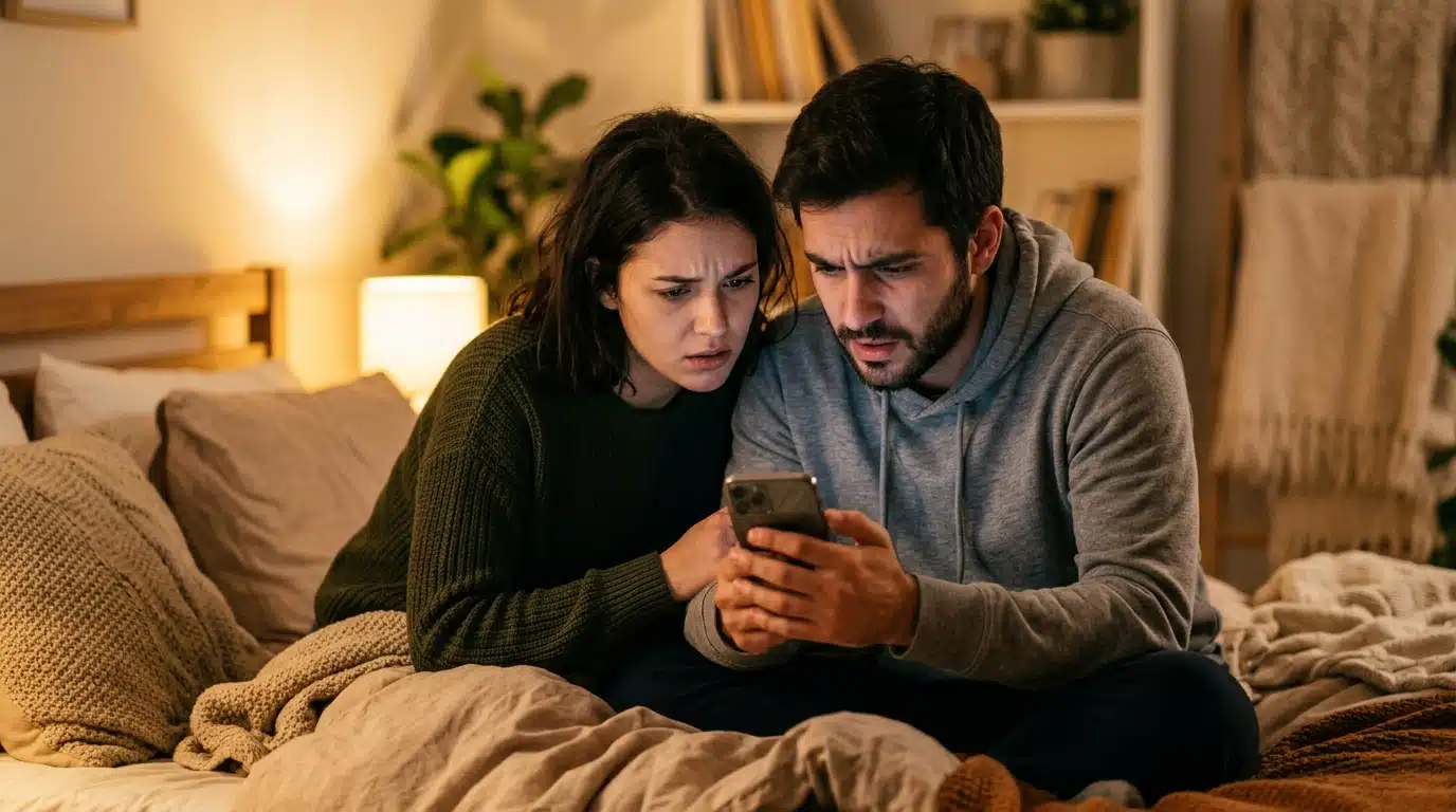 Couple inquiet vérifiant une information sur smartphone