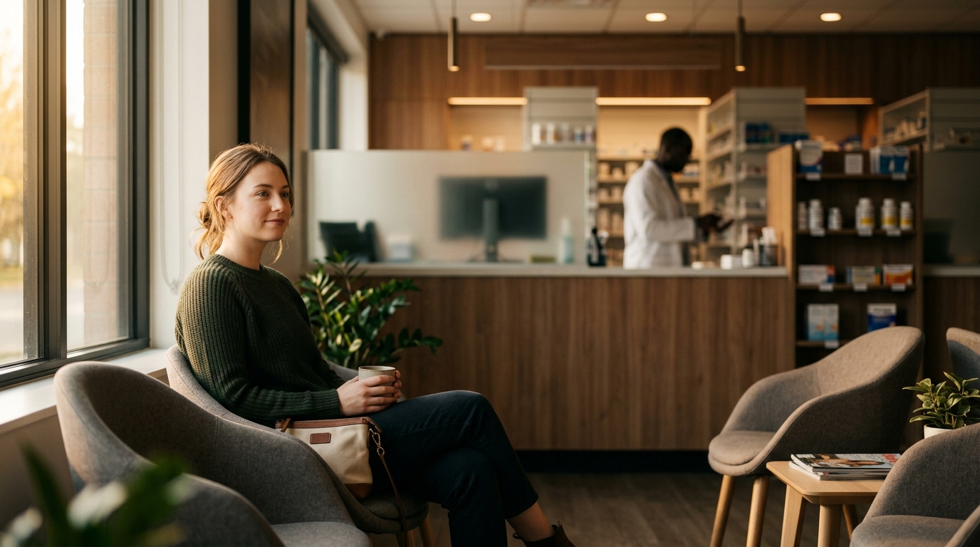 Femme attendant calmement dans une pharmacie