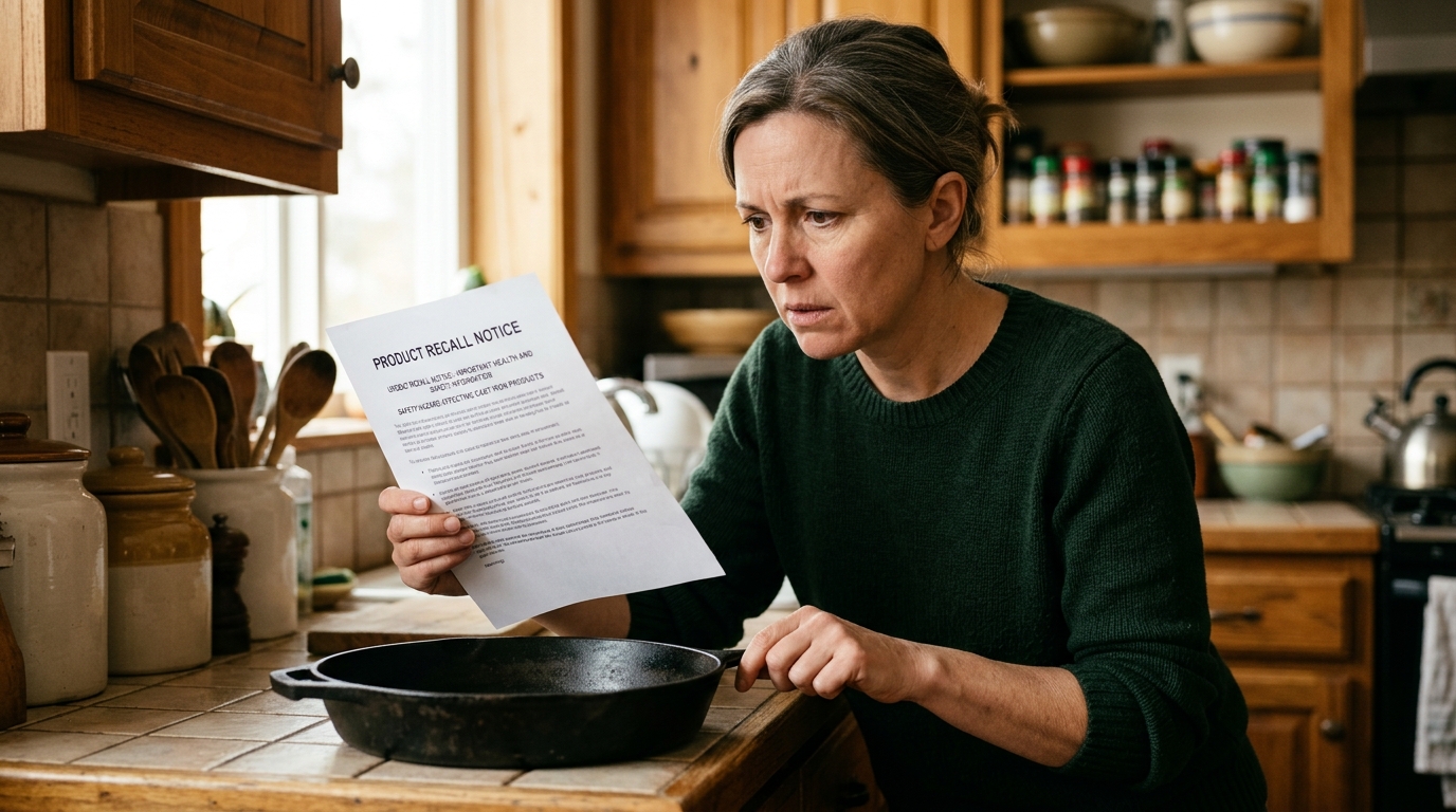 Femme inquiète tenant un avis de rappel en cuisine