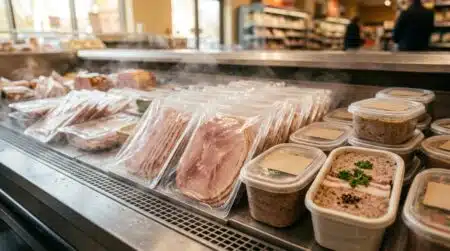 Barquettes de jambon et pâté sur étal réfrigéré
