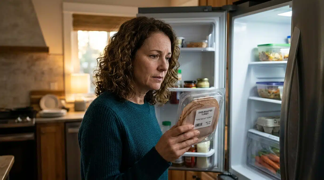 Personne inquiète examinant de la charcuterie au frigo