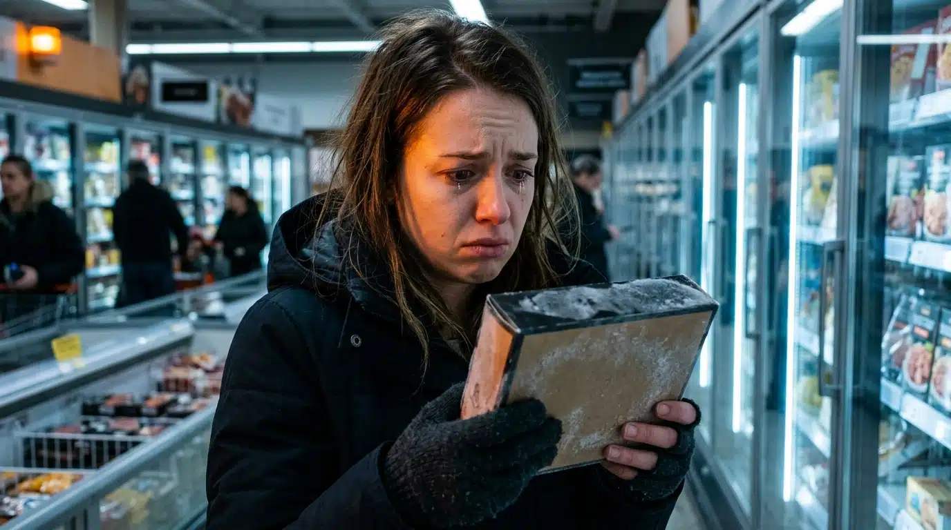 Femme inquiète devant le rayon surgelés d'un supermarché
