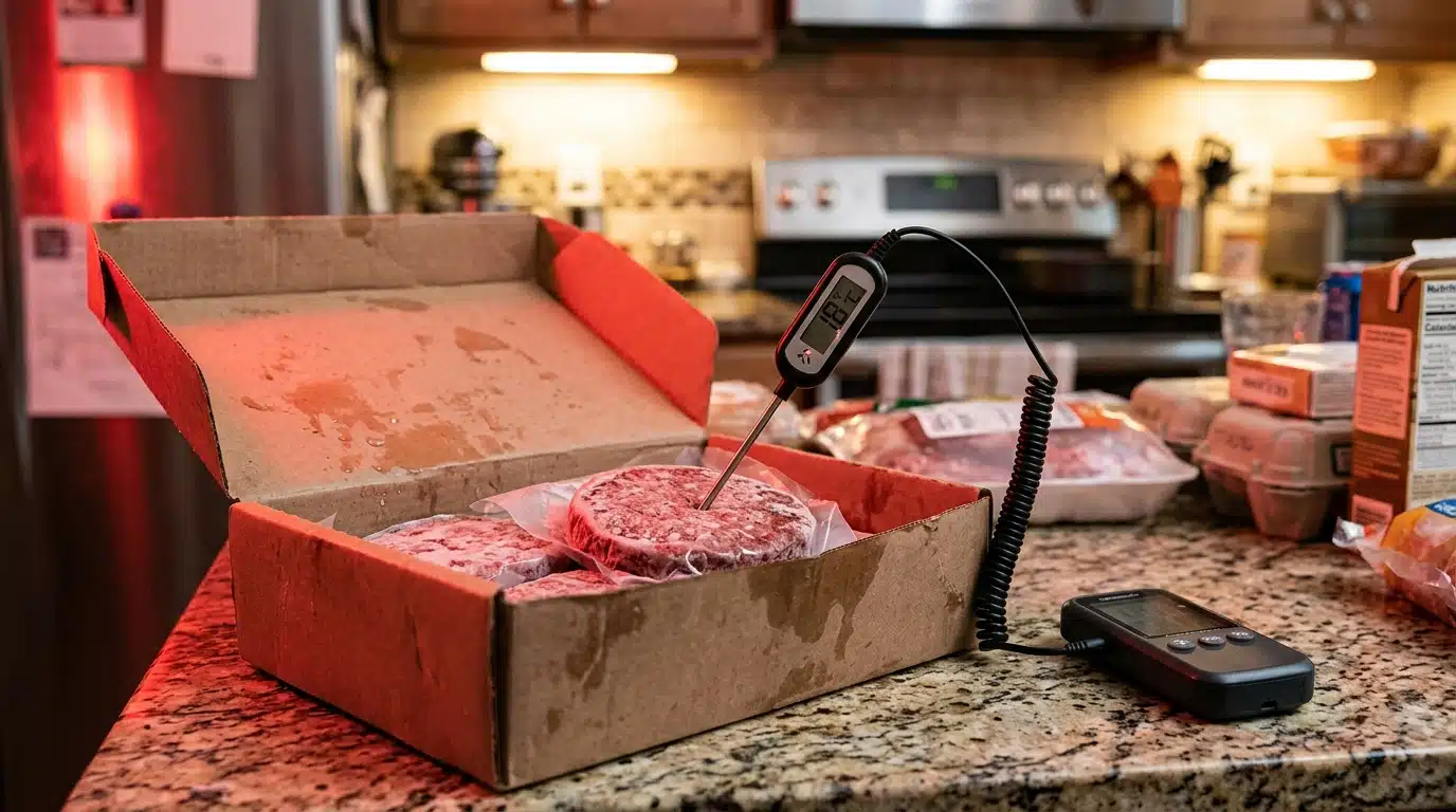 Boîte de steaks hachés surgelés posée sur un plan de travail