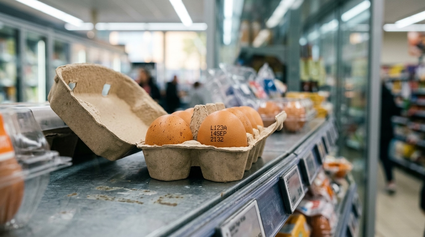 Boîte d'œufs frais avec code de lot visible sur la coquille