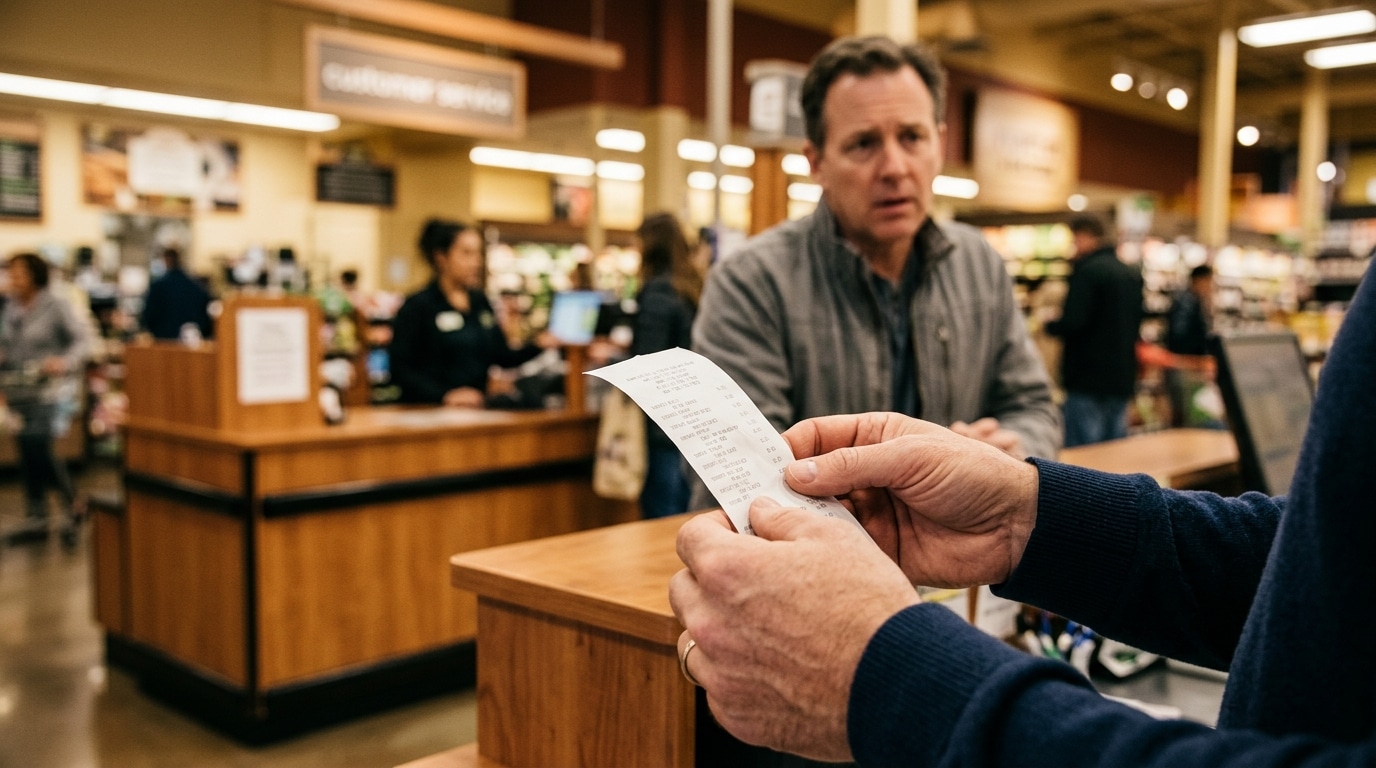 Client vérifiant un ticket de caisse au service accueil