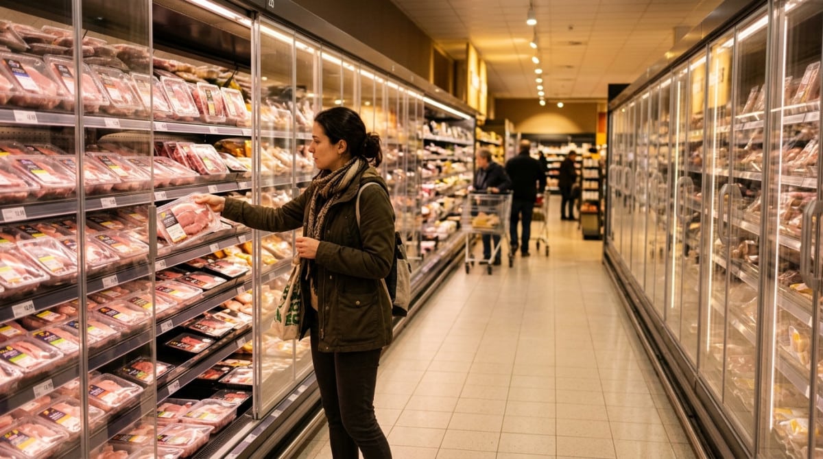 Rayon boucherie moderne avec barquettes sous vide en 2026