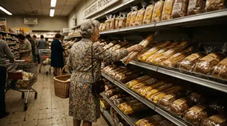 Rayon pain sous cellophane dans un supermarché des années 70