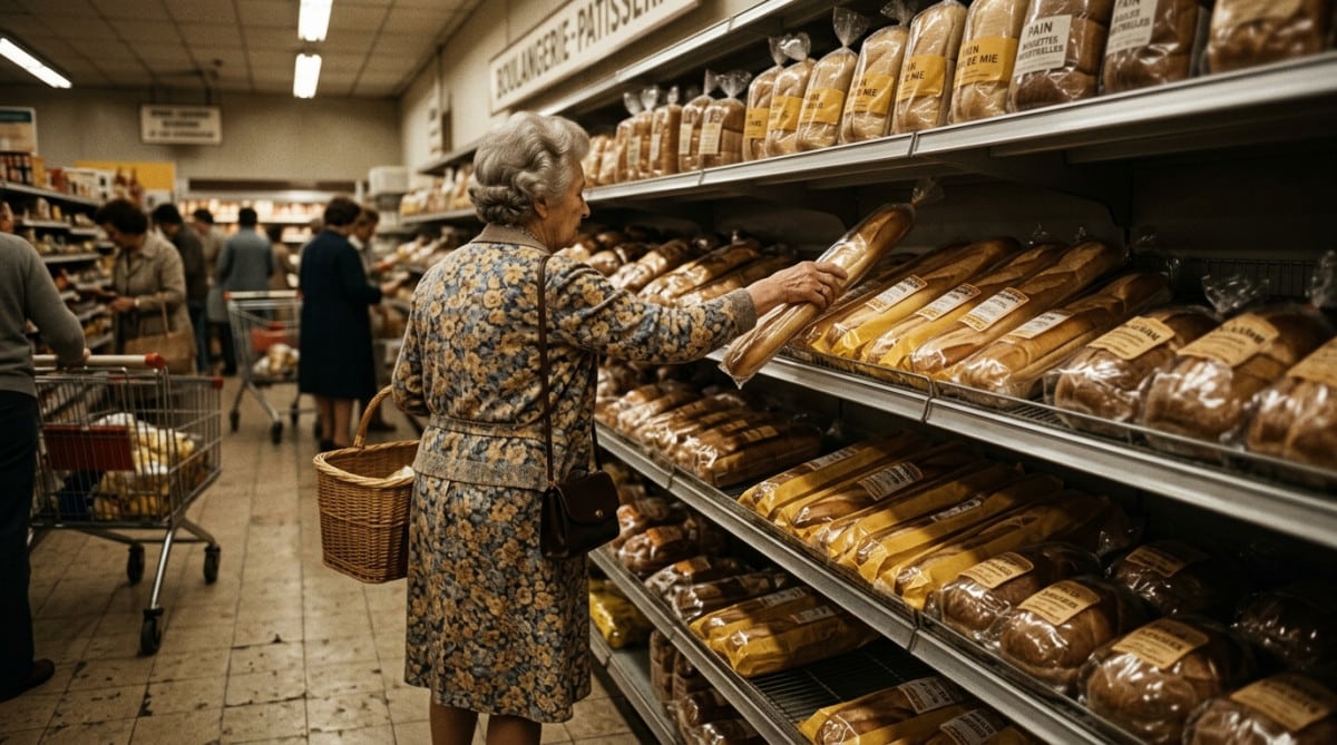 Rayon pain sous cellophane dans un supermarché des années 70