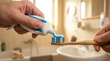 Rayure bleue et blanche sur dentifrice pressé