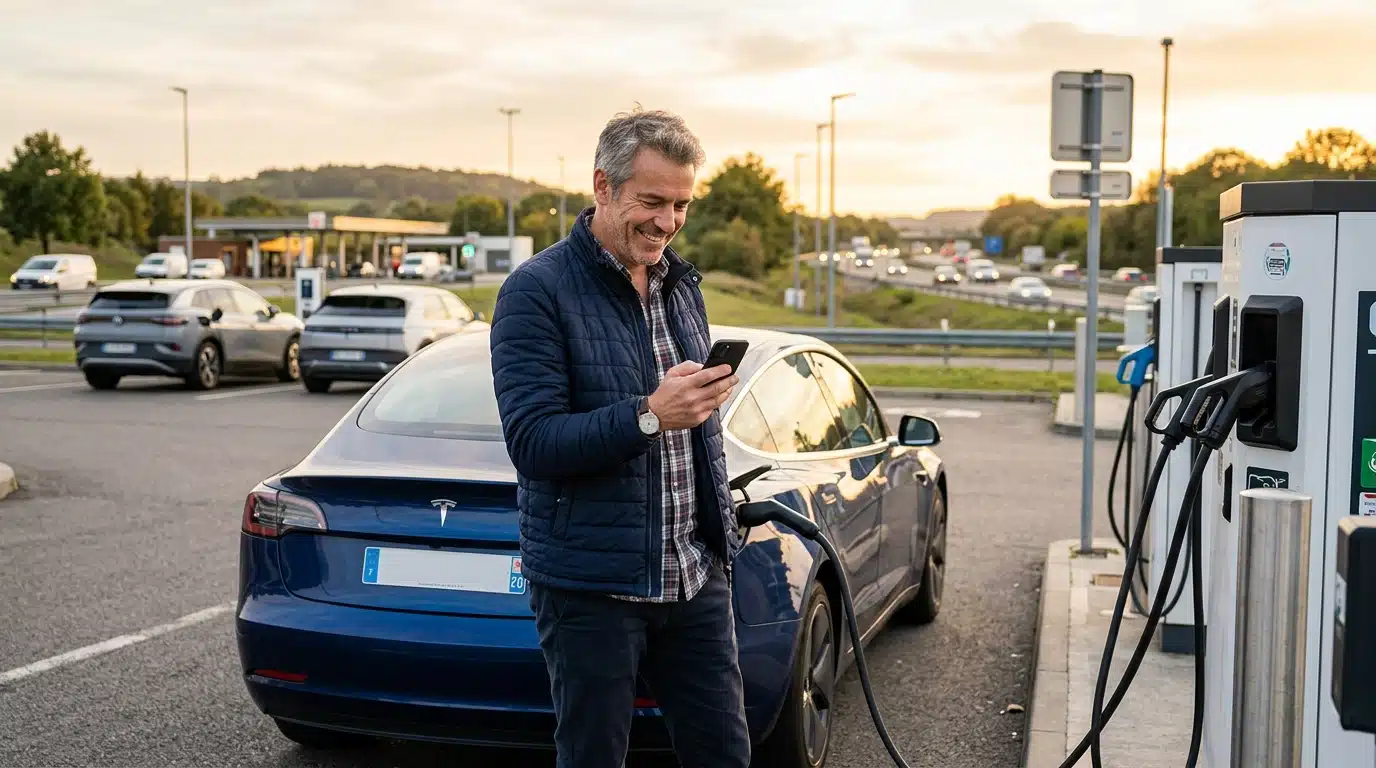 Automobiliste souriant devant une borne de recharge électrique