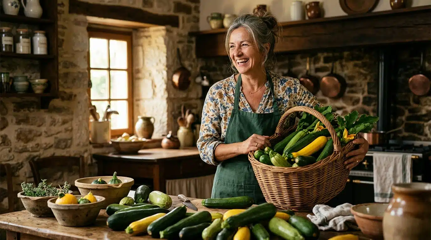 Femme tenant un panier débordant de courgettes fraîches