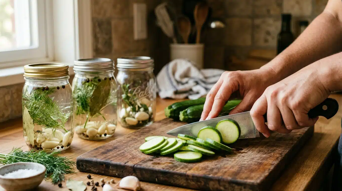Découpe de courgettes en rondelles pour bocal vinaigre