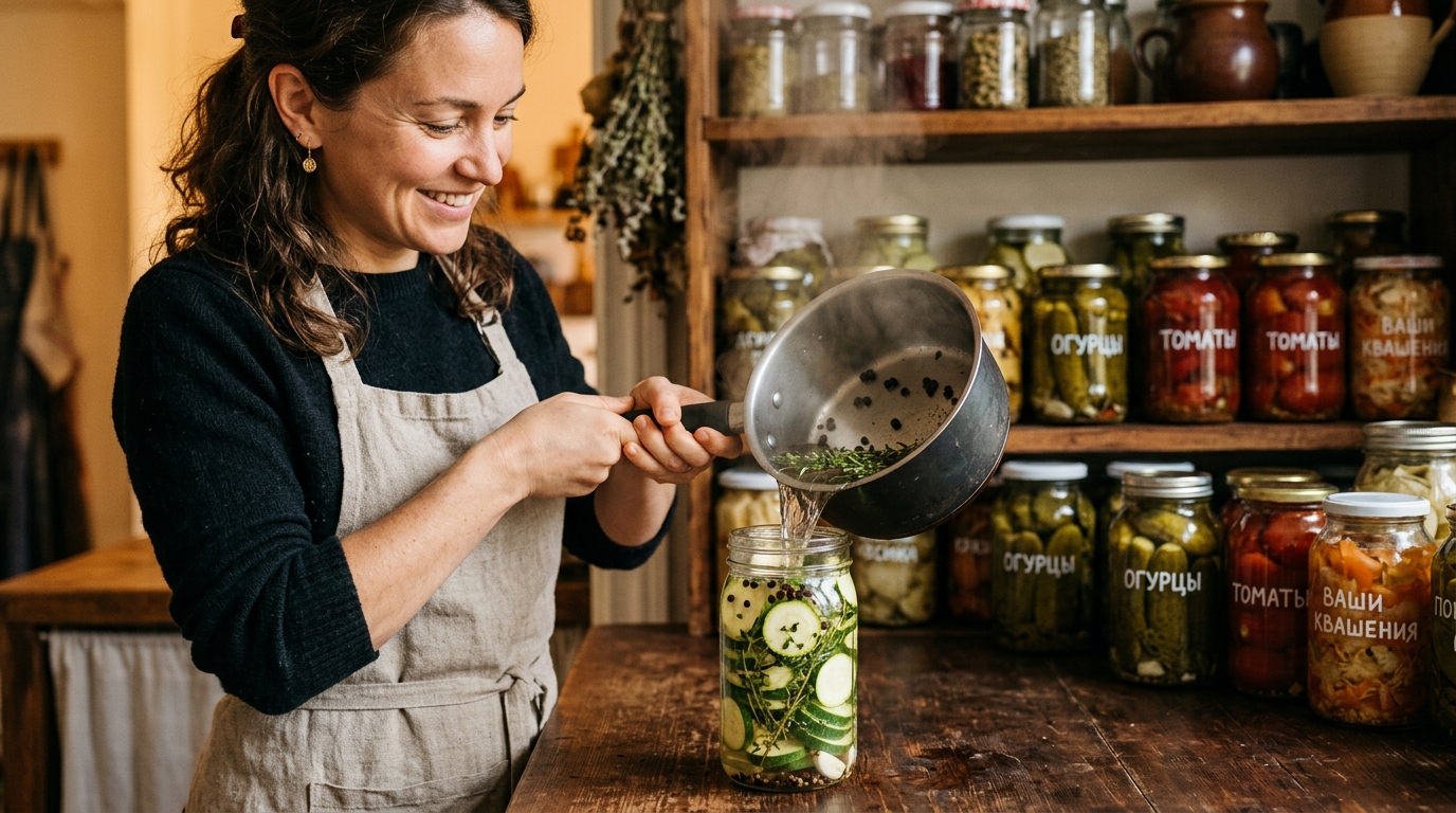 Bocal de courgettes pickles rempli de saumure chaude