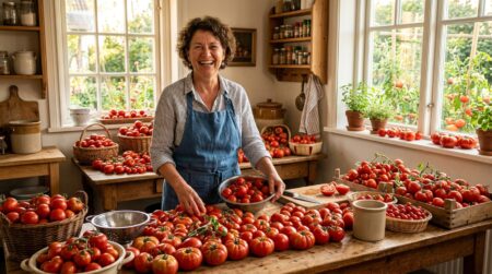 Femme souriante devant un plan de travail couvert de tomates