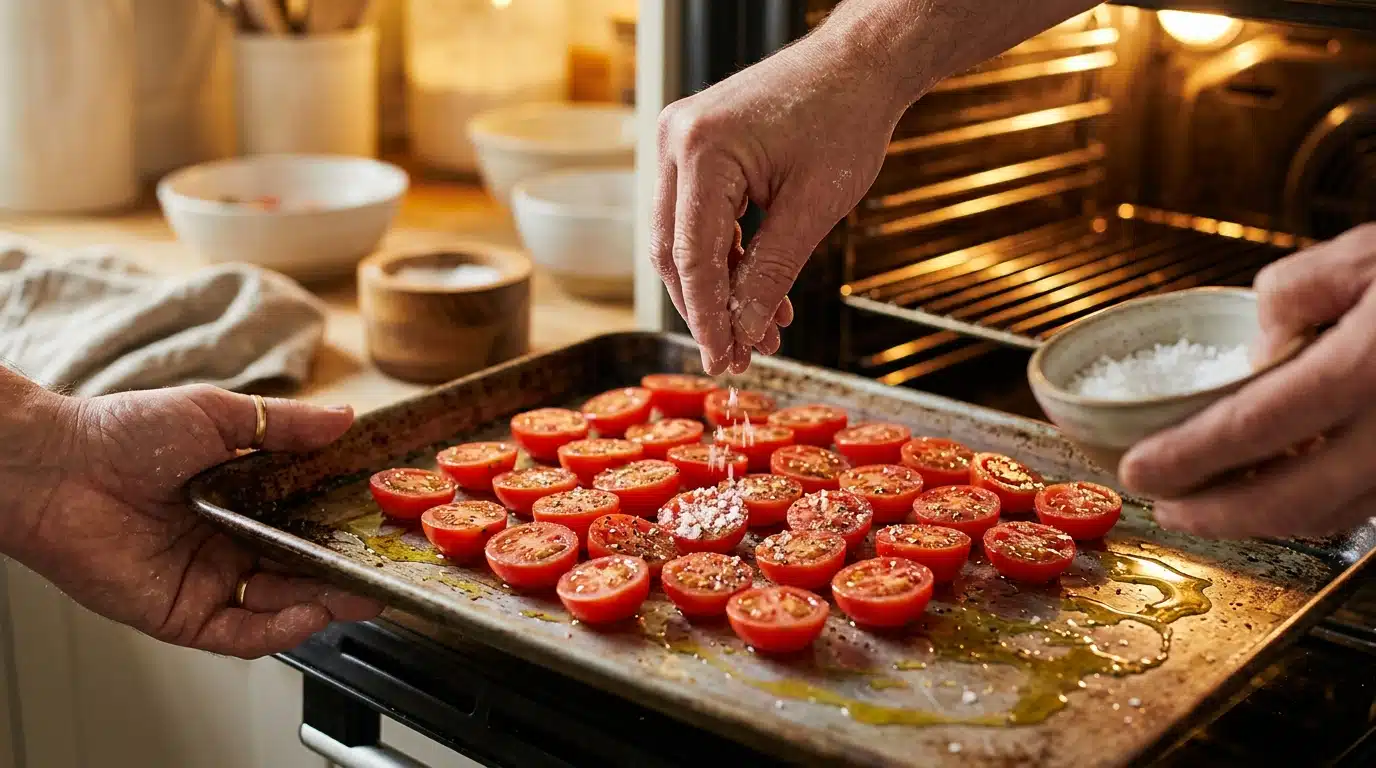 Mains préparant des tomates à sécher au four