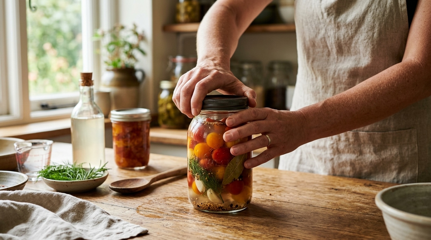 Bocal de tomates en lacto-fermentation sur plan de travail