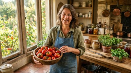 Femme souriante tenant un bol de tomates du jardin