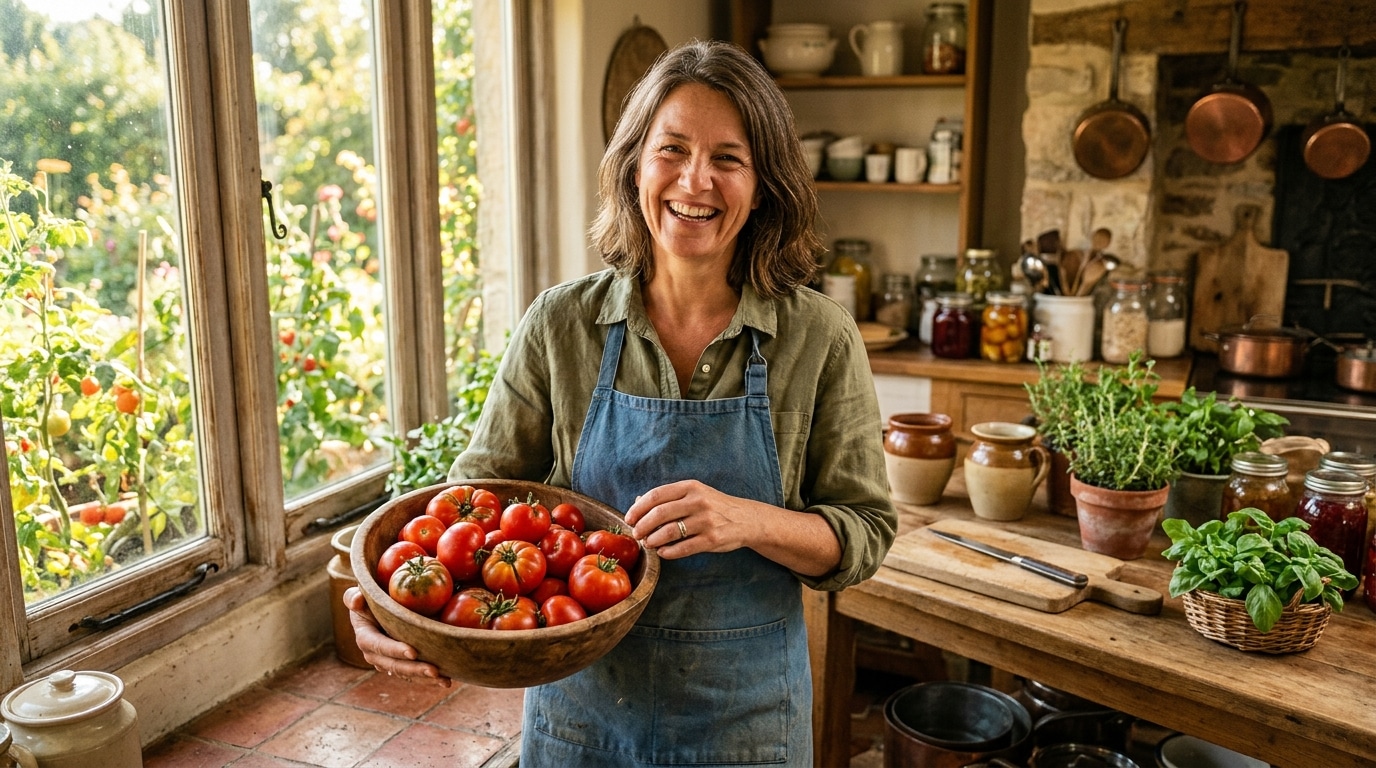 Femme souriante tenant un bol de tomates du jardin