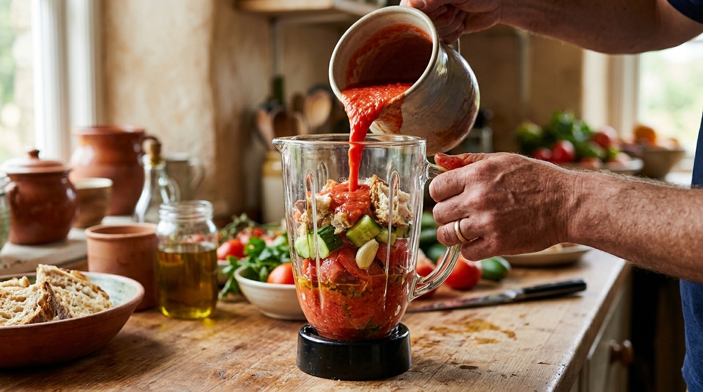Mixage du gaspacho avec tomates et pain rassis