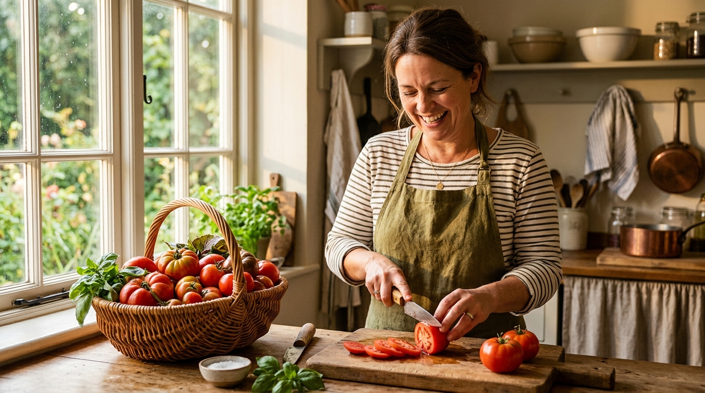 Femme tranchant des tomates fraîches du jardin en cuisine