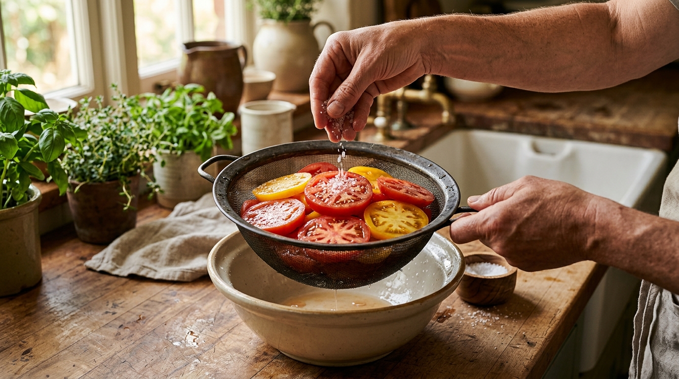 Mains salant des tranches de tomates dans une passoire