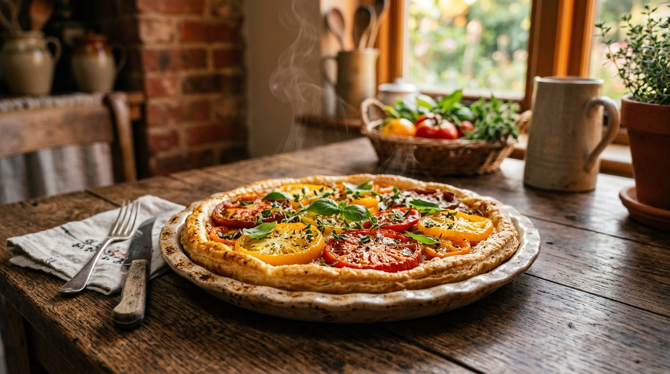 Tarte fine aux tomates et herbes fraîche sortie du four