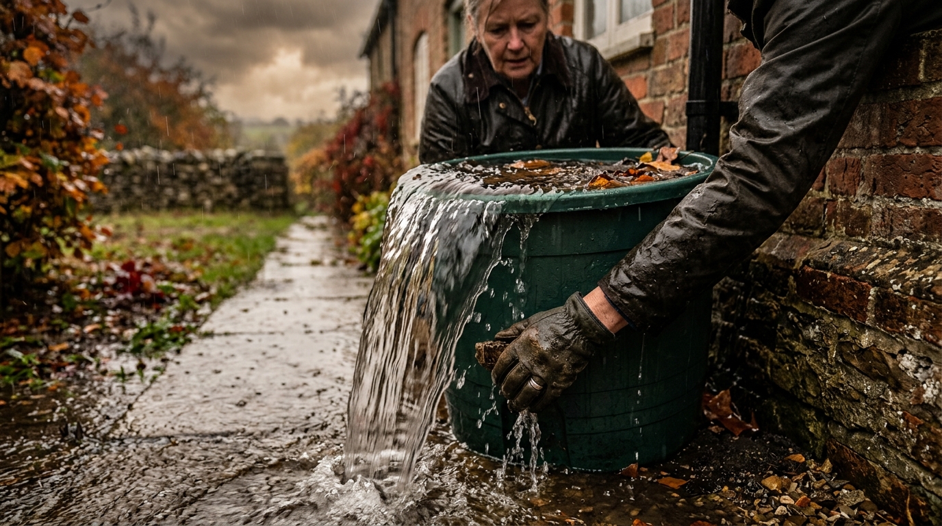 Débordement d'un récupérateur d'eau de pluie sans trop-plein