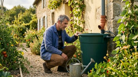 Homme inspectant un récupérateur d'eau de pluie dans son jardin