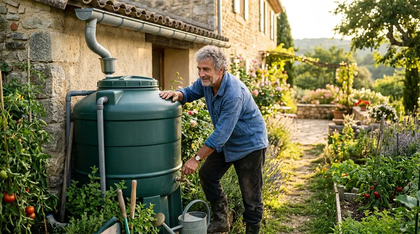 Homme vérifiant sa cuve de récupération d'eau de pluie