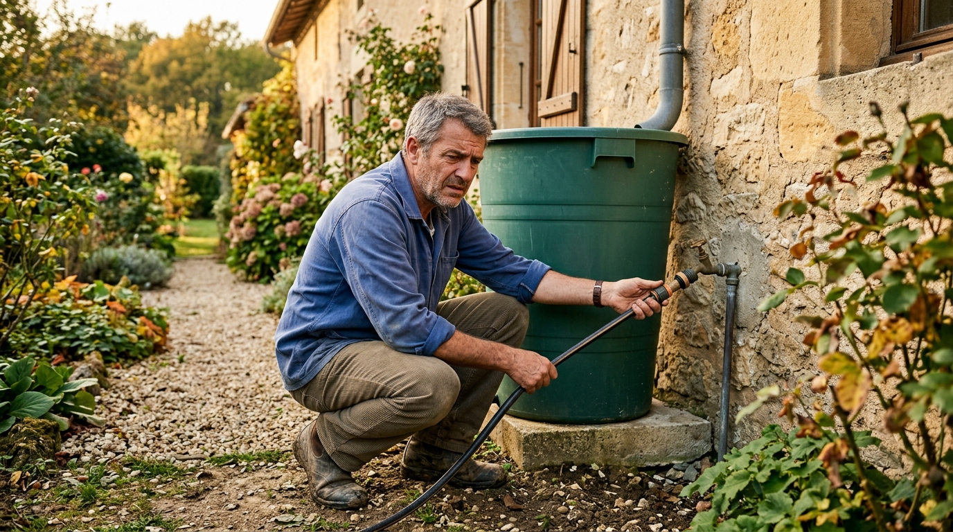 Homme inspectant le raccordement de son récupérateur d'eau