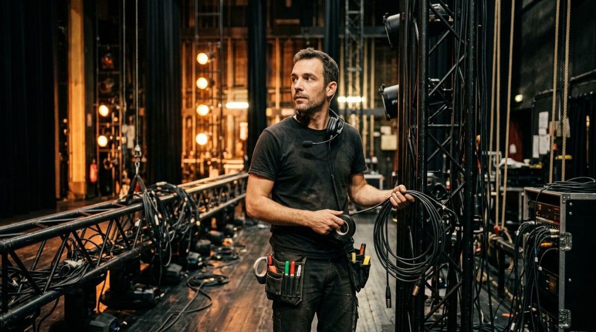 Régisseur de théâtre parmi les projecteurs en coulisses