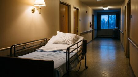Lit vide dans une chambre d'Ehpad au crépuscule