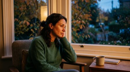 Femme pensive assise près d'une fenêtre à l'automne