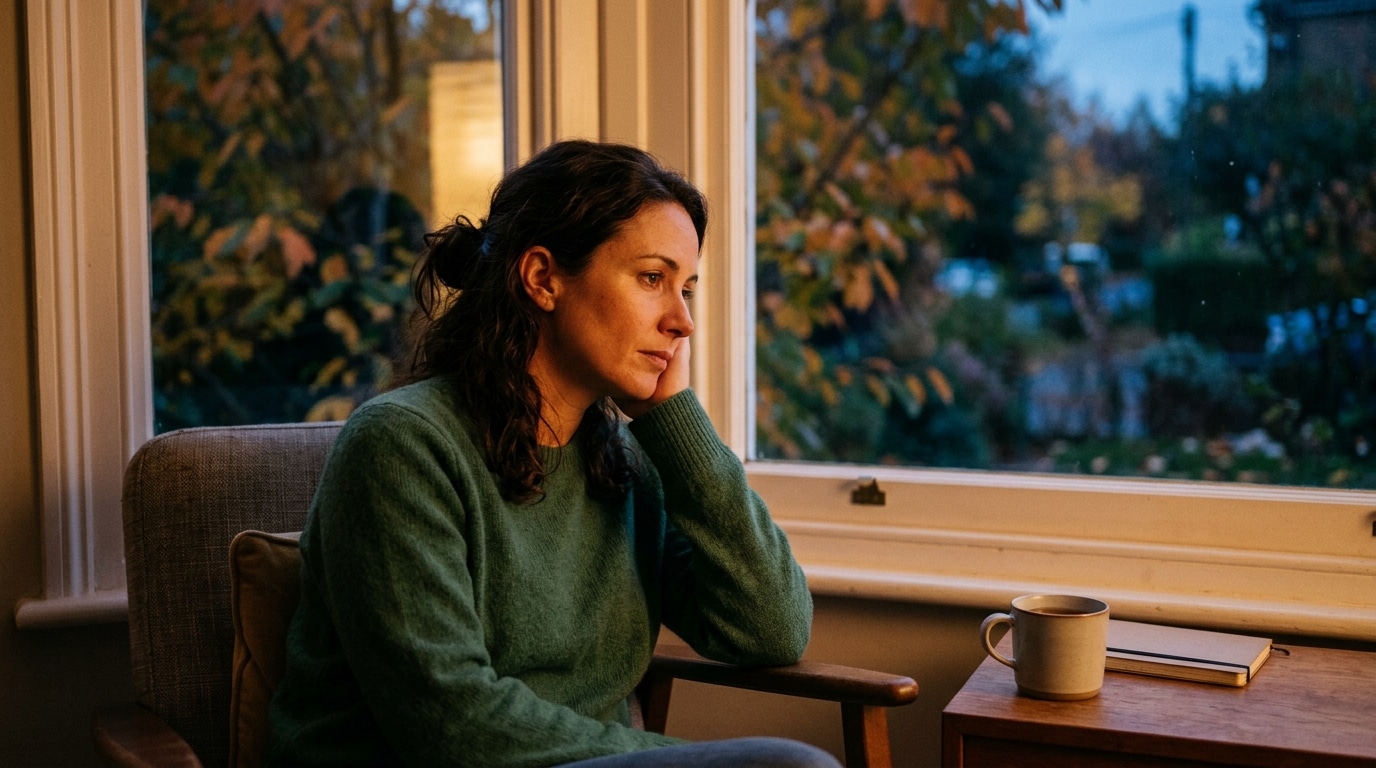 Femme pensive assise près d'une fenêtre à l'automne