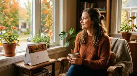 Femme pensive prépare sa rentrée devant un calendrier