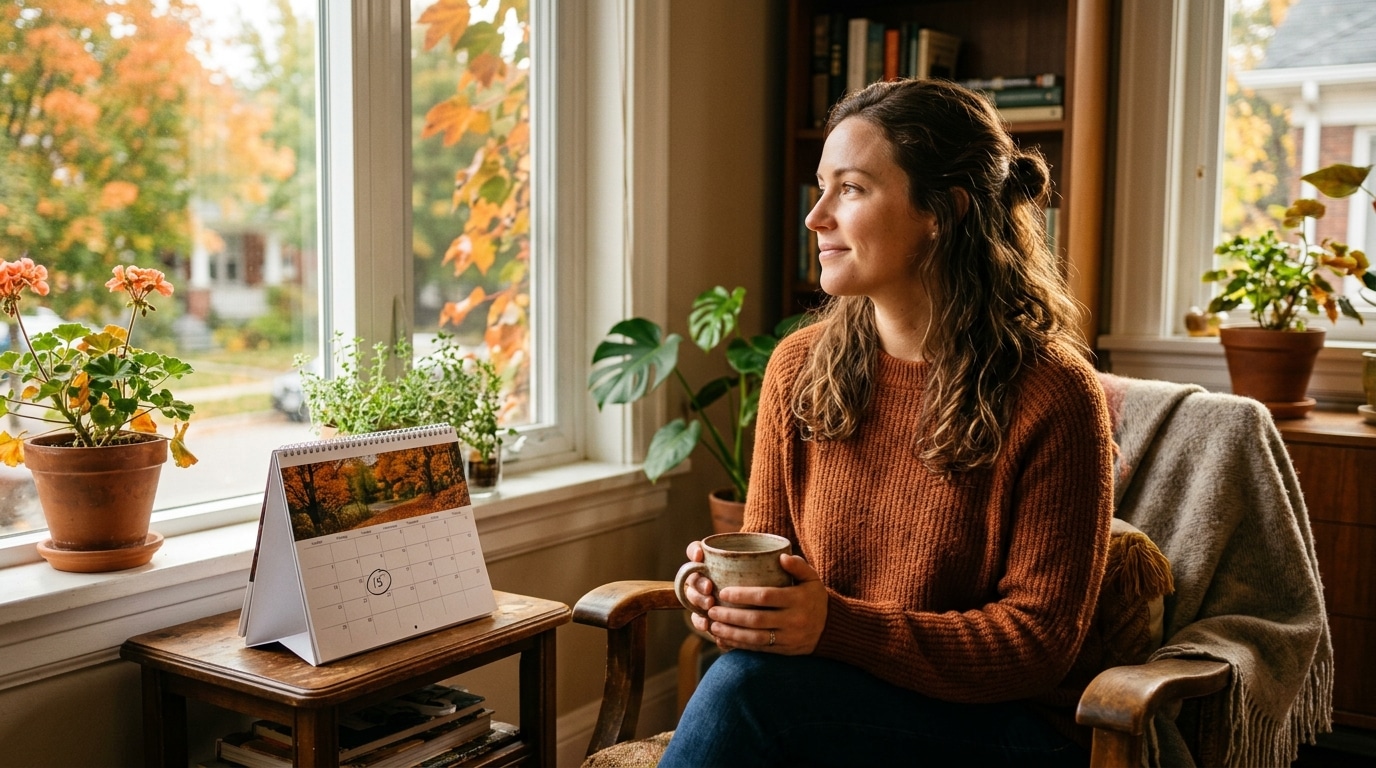 Femme pensive prépare sa rentrée devant un calendrier